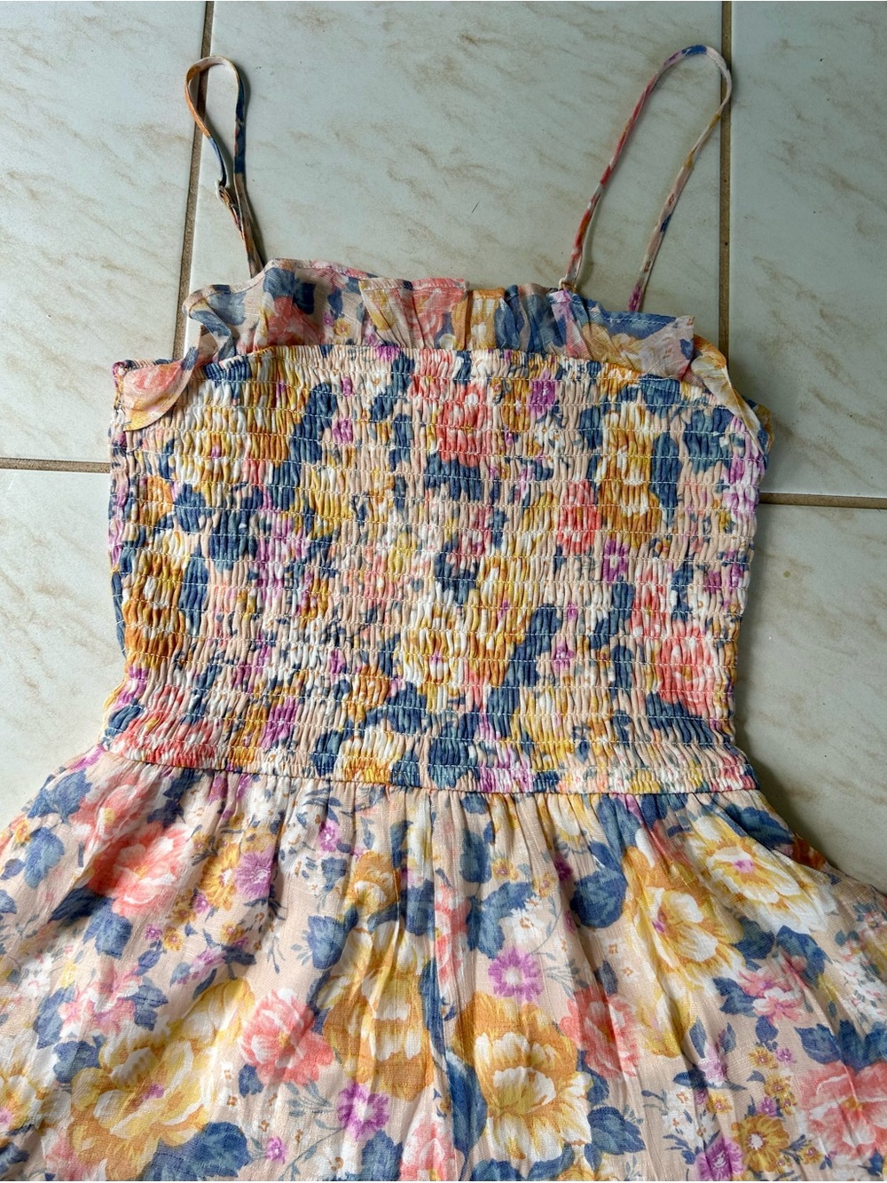 Altar'd State Floral Smocked ruffled romper  in Blue, Yellow, Pink